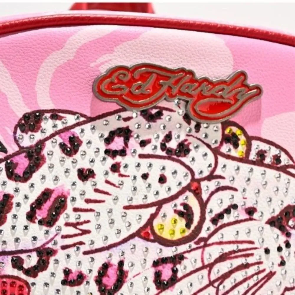 Ed Hardy Pink Faux Leather Leopard Tattoo Print Rhinestone Studded Backpack NEW!